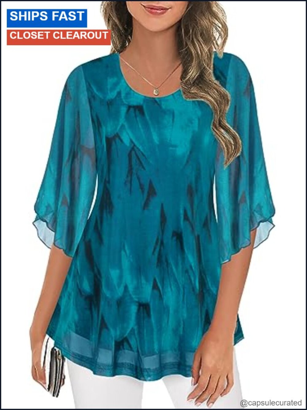 3/4 Sleeve Mesh Tunic Blouse Dressy Casual Sheer Top